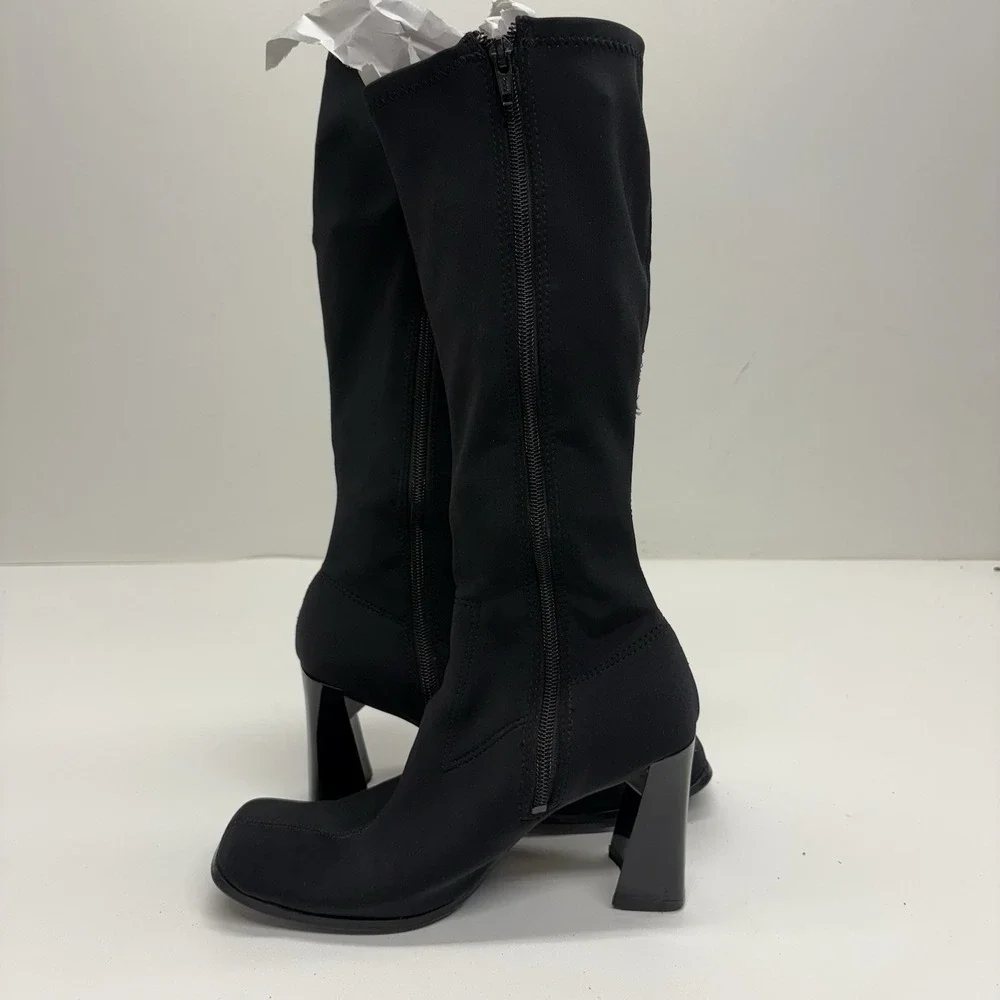 Wesley & Co Vintage 90s Y2K Black Sock Boots Knee High Square Toe Chunky Heel 6 - Picture 9 of 12
